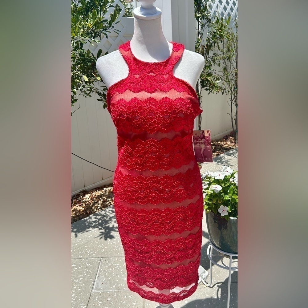 ❤️🧡”Emerald Sundae” NWT Bodycon Red Lace/Mesh Fully Lined MIDI Dress Size L❤️🧡